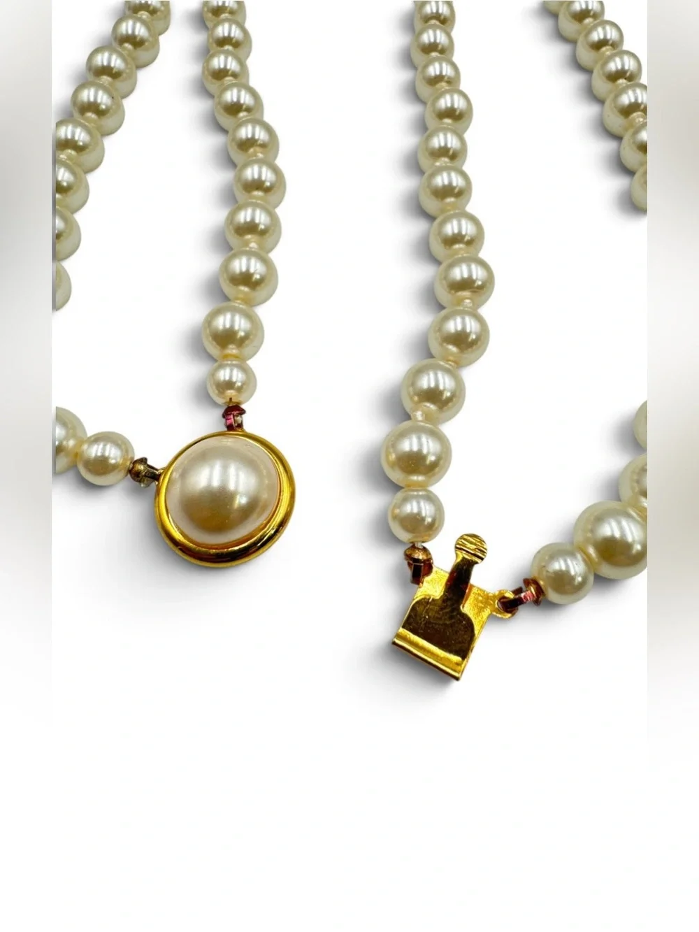 Vintage Double Strand Warm Cream Glass Shell Imitation Pearl Necklace 19”
